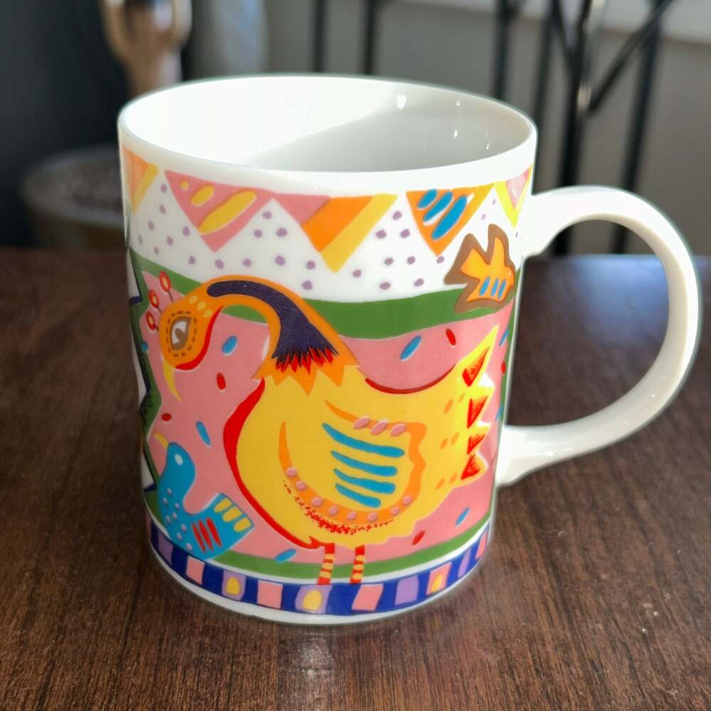 Vintage 90s Takahashi Japan Rooster Chicken Colorful Funky Birds Mug